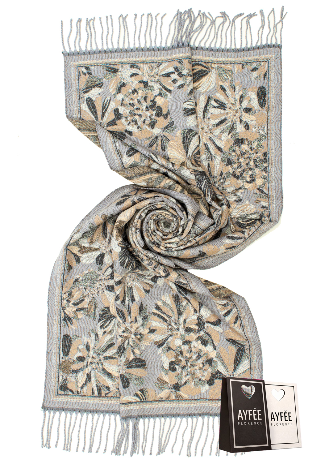 STOLA JACQUARD FLOWER GEOMETRIC,  CM 70*180, 100% VI, MADE IN PRC - GREY